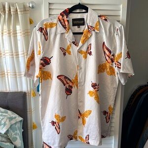 Medium white, orange and gold, butterfly graphic button-down, short sleeve shirt